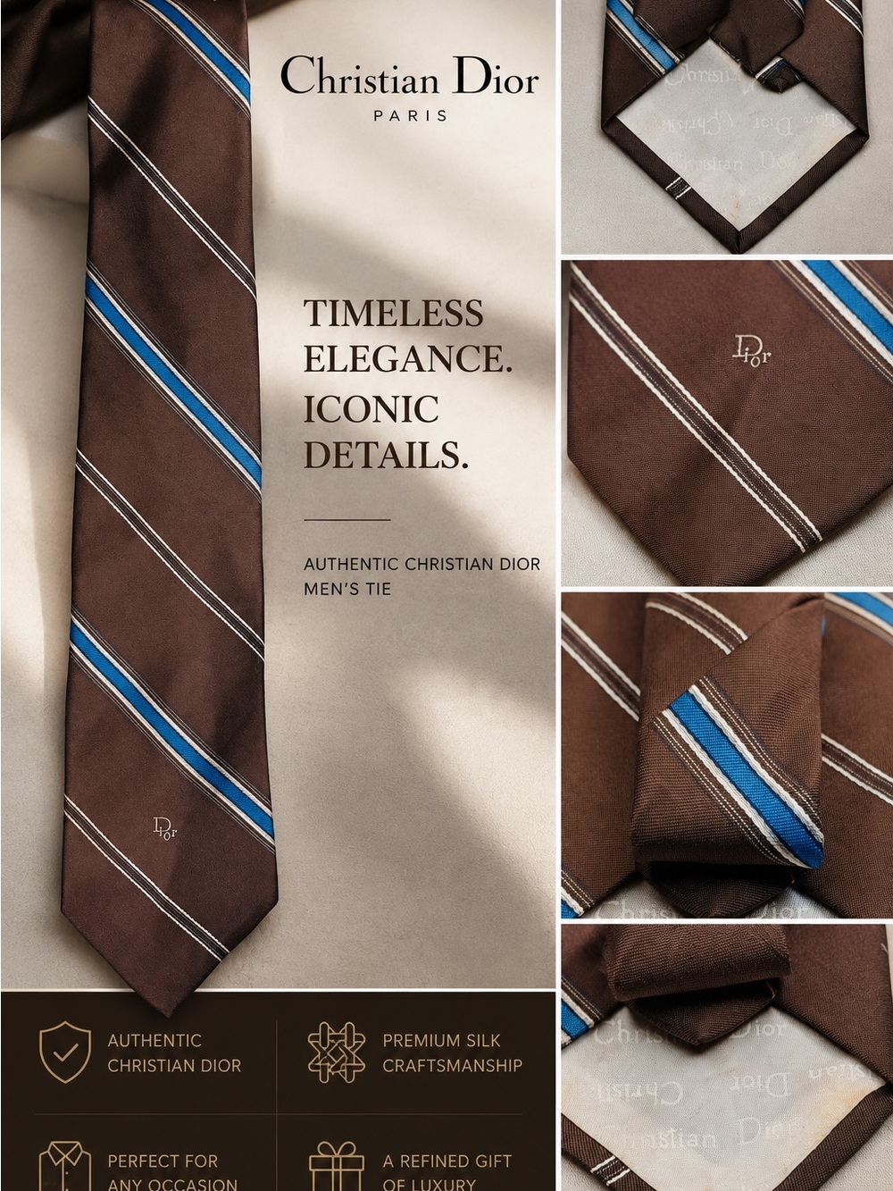 Dior Brown Silk Tie with Blue and White Stripes